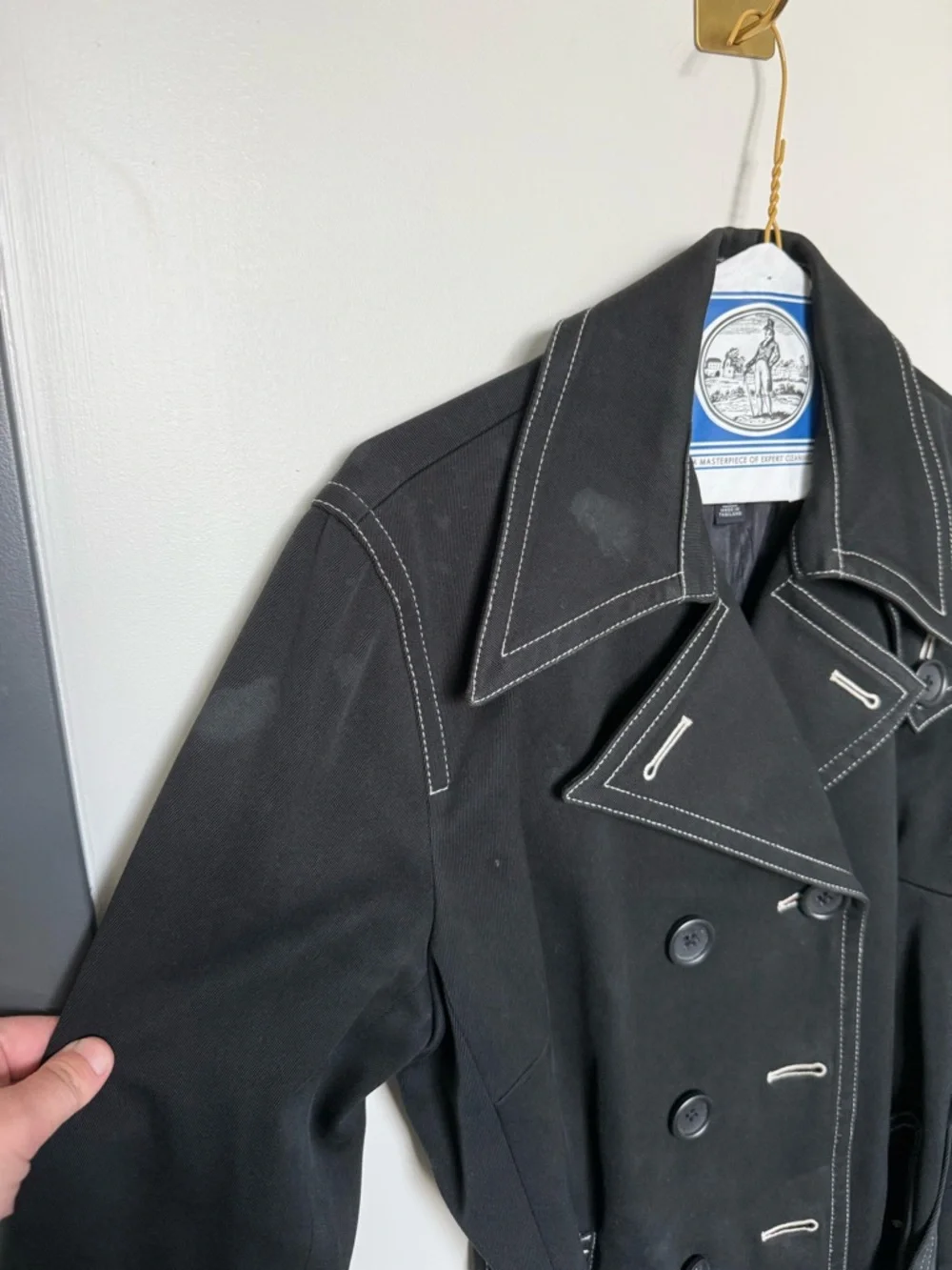 Vintage Banana Republic Black Cotton Trench Coat Contrast Stitch Belted L